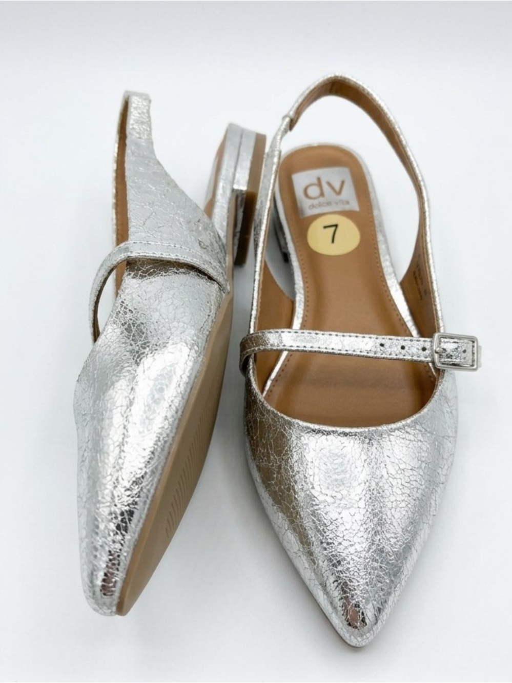 DV by Dolce Vita Cracked Metallic Silver Pointed-Toe Slingbacks Mary Jane Style